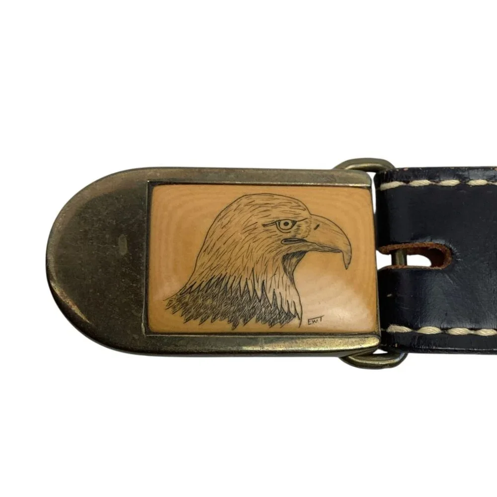 Justin Tooled Black Leather Belt Eagle Buckle Solid Brass Mens 28 Made In USA NW - Picture 1 of 9